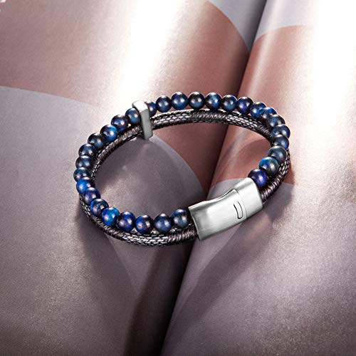murtoo Mens Bead Leather Bracelet, Blue and Brown Bead and Leather Bracelet for Men (Blue-silver) - Image 4