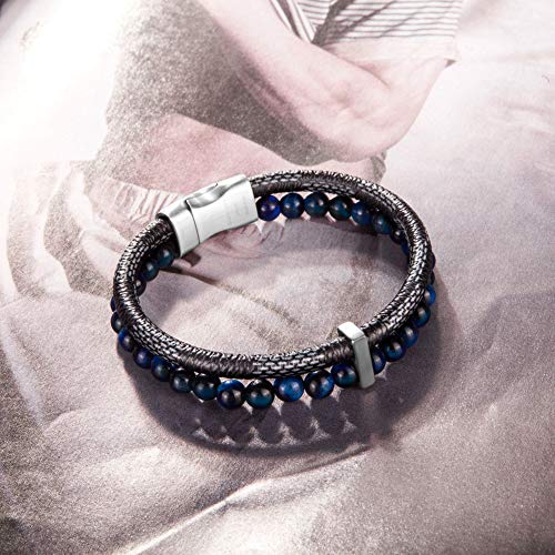 murtoo Mens Bead Leather Bracelet, Blue and Brown Bead and Leather Bracelet for Men (Blue-silver) - Image 5