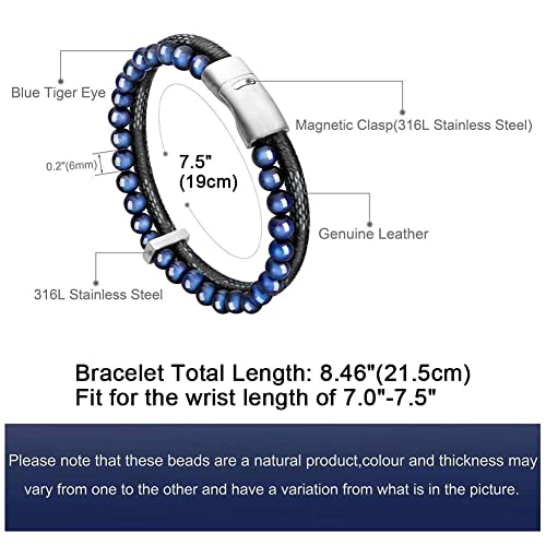 murtoo Mens Bead Leather Bracelet, Blue and Brown Bead and Leather Bracelet for Men (Blue-silver) - Image 2