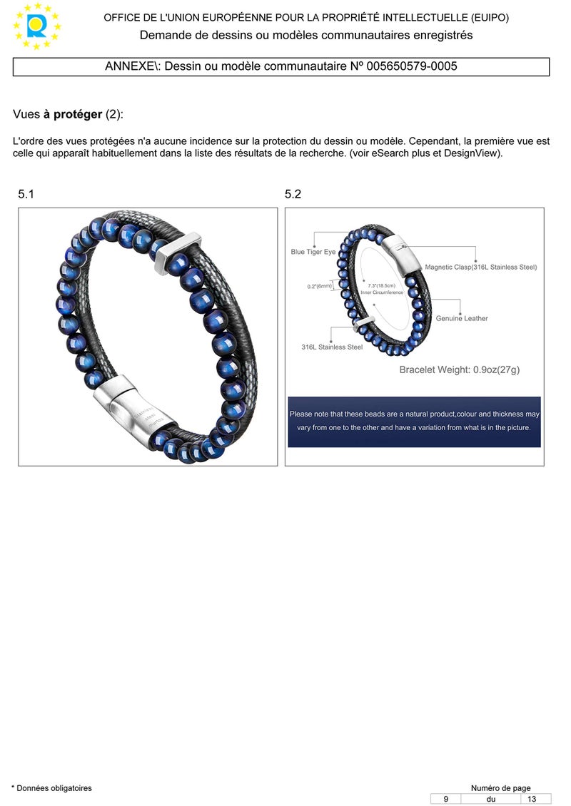 murtoo Mens Bead Leather Bracelet, Blue and Brown Bead and Leather Bracelet for Men (Blue-silver) - Image 3