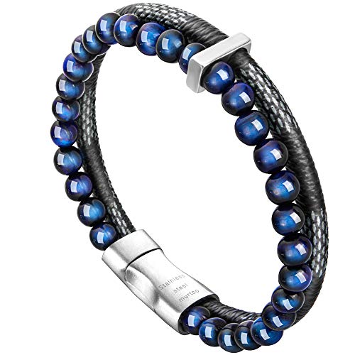 murtoo Mens Bead Leather Bracelet, Blue and Brown Bead and Leather Bracelet for Men (Blue-silver) - Image 1