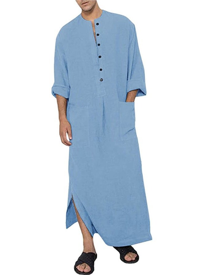 YAOHUOLE Men's Home Robe Side Split Button Up Kaftan Long Gown Casual Thobe with Pockets Blue L - Image 1