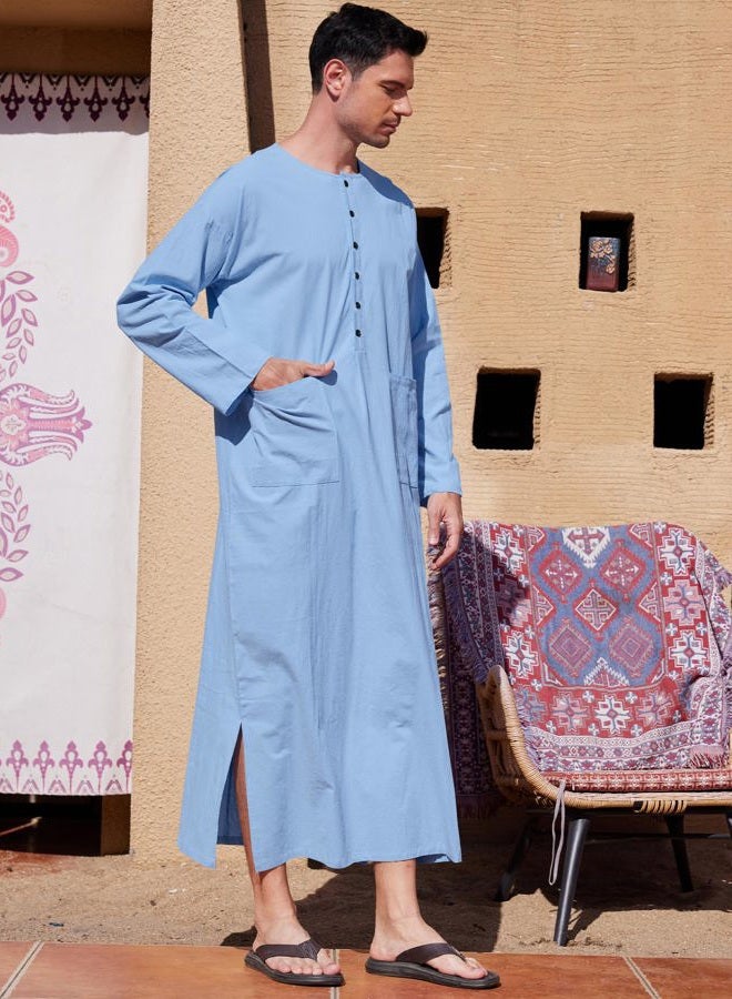 YAOHUOLE Men's Home Robe Side Split Button Up Kaftan Long Gown Casual Thobe with Pockets Blue L - Image 2