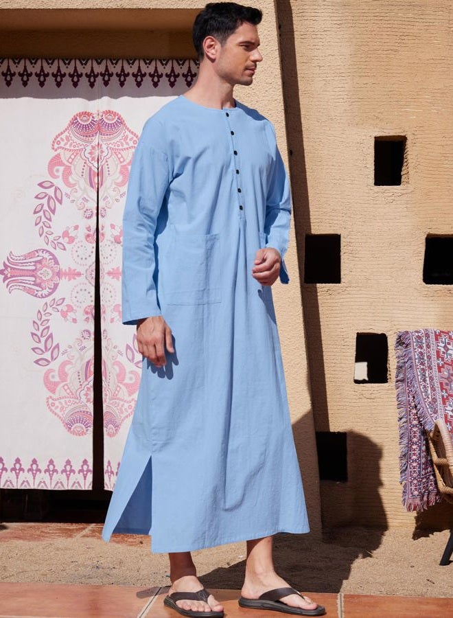 YAOHUOLE Men's Home Robe Side Split Button Up Kaftan Long Gown Casual Thobe with Pockets Blue L - Image 3