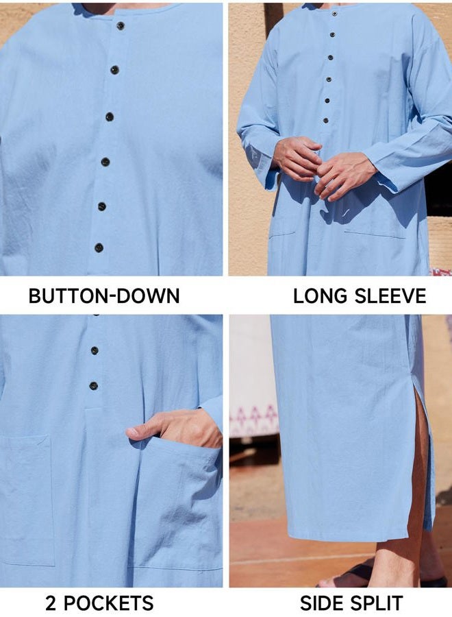 YAOHUOLE Men's Home Robe Side Split Button Up Kaftan Long Gown Casual Thobe with Pockets Blue L - Image 5