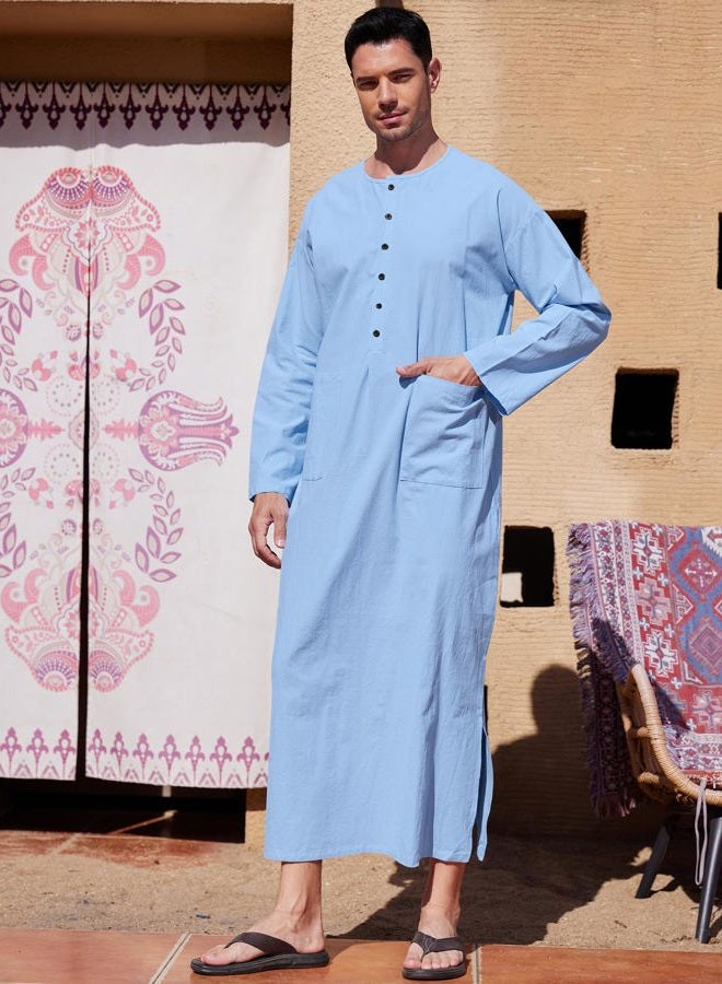 YAOHUOLE Men's Home Robe Side Split Button Up Kaftan Long Gown Casual Thobe with Pockets Blue L - Image 4