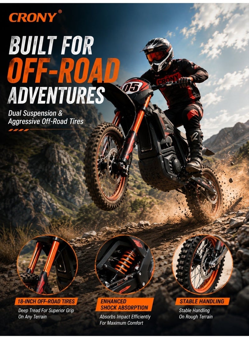 Crony-01 2500W 48V Electric motorcycle Bike For Adults & Teens, Off-Road E-Motorcycle With 20.8Ah Battery, 14/12” Tires, Hydraulic Suspension, 3-Speed Chain Drive, 45Km/H High Speed Trail Motocross Bike, Ipx6 Waterproof Steel Frame E-Motorbike, Enduro Mountain Trail Bike, Long Range 40-50Km Wish 01 Electric Motocross Off-Road Bike For Outdoor Adventure Riding - Image 5