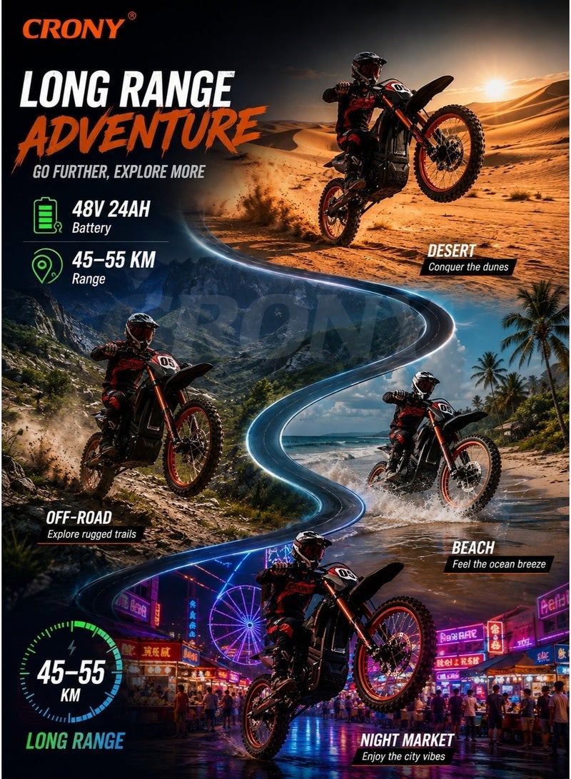 Crony-01 2500W 48V Electric motorcycle Bike For Adults & Teens, Off-Road E-Motorcycle With 20.8Ah Battery, 14/12” Tires, Hydraulic Suspension, 3-Speed Chain Drive, 45Km/H High Speed Trail Motocross Bike, Ipx6 Waterproof Steel Frame E-Motorbike, Enduro Mountain Trail Bike, Long Range 40-50Km Wish 01 Electric Motocross Off-Road Bike For Outdoor Adventure Riding - Image 4