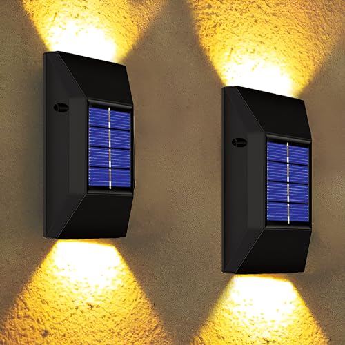 Epyz Plastic Solar Wall Light Outdoor Waterproof Up Down Led Garden Decoration Wall Lamps,Step Small Lamp Fence Decor 6 Led [ Warm Yellow Pack Of 2 ] - Image 1