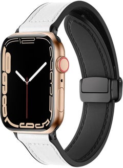 Leather Band Compatible with Apple Watch Ultra 49mm 45mm 44mm 42mm, Genuine Leather Magnetic Clasp Strap for iWatch Ultra SE 2 Series 8 7 6 5 4 3 2 1 for Men Women (White)