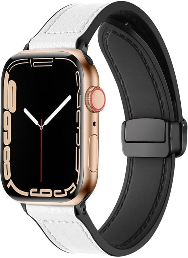 Generic - Leather Band Compatible with Apple Watch Ultra 49mm 45mm 44mm 42mm, Genuine Leather Magnetic Clasp Strap for iWatch Ultra SE 2 Series 8 7 6 5 4 3 2 1 for Men Women (White) - Image 1