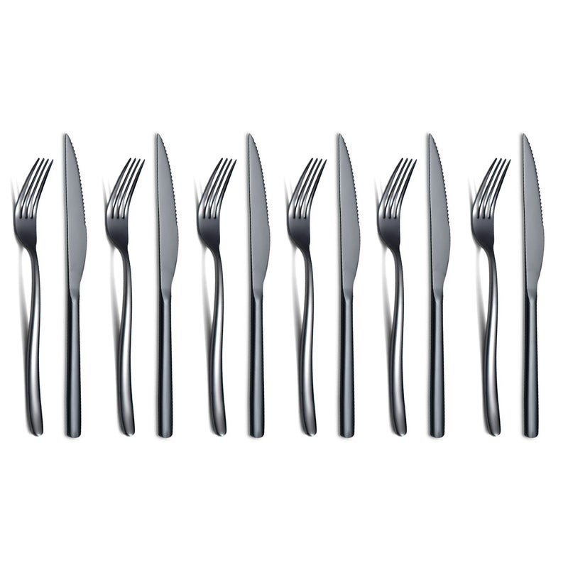 HOMQUEN Black Steak Knives Set 12 Piece Premium Stainless Steel 6 Dinner Forks and 6 Dinner Knives Set Steak Knives Steak Forks for 6 Person Dishwasher Safe Shiny Black 