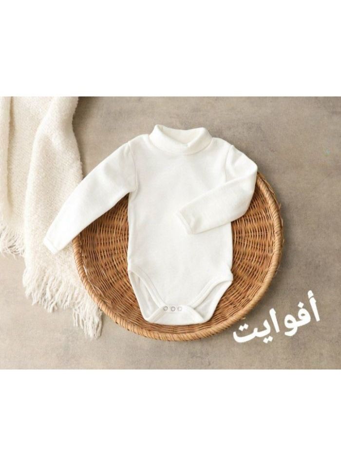 High Cool Basic Baby Jumpsuit with Two Snaps Newborn Winter Jumpsuit High Neck Long Sleeves Fleece Lined Terry Jumpsuit Infant Bodysuit, OFF-White - Image 1