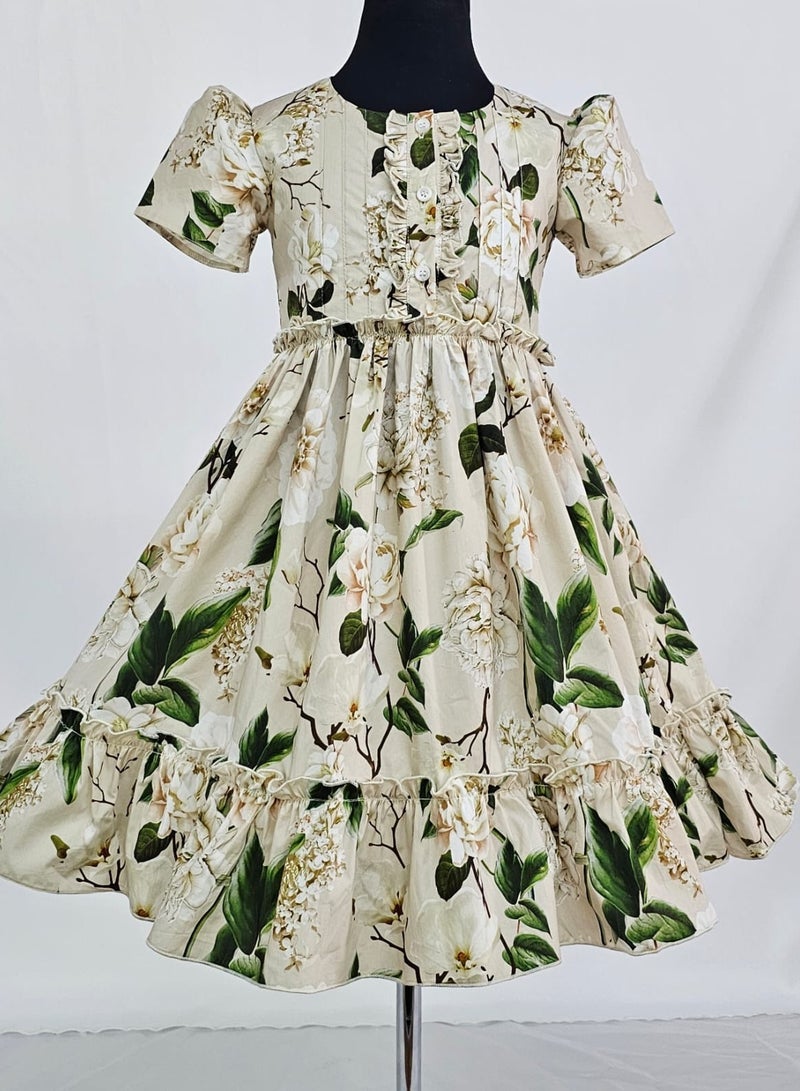 Little miss Bella Ruffled Girls Cotton Flower Dress Girls Midi Casual Dress Half Sleeved Girls Party Wear Dresses Button Down Round Neck Dress 