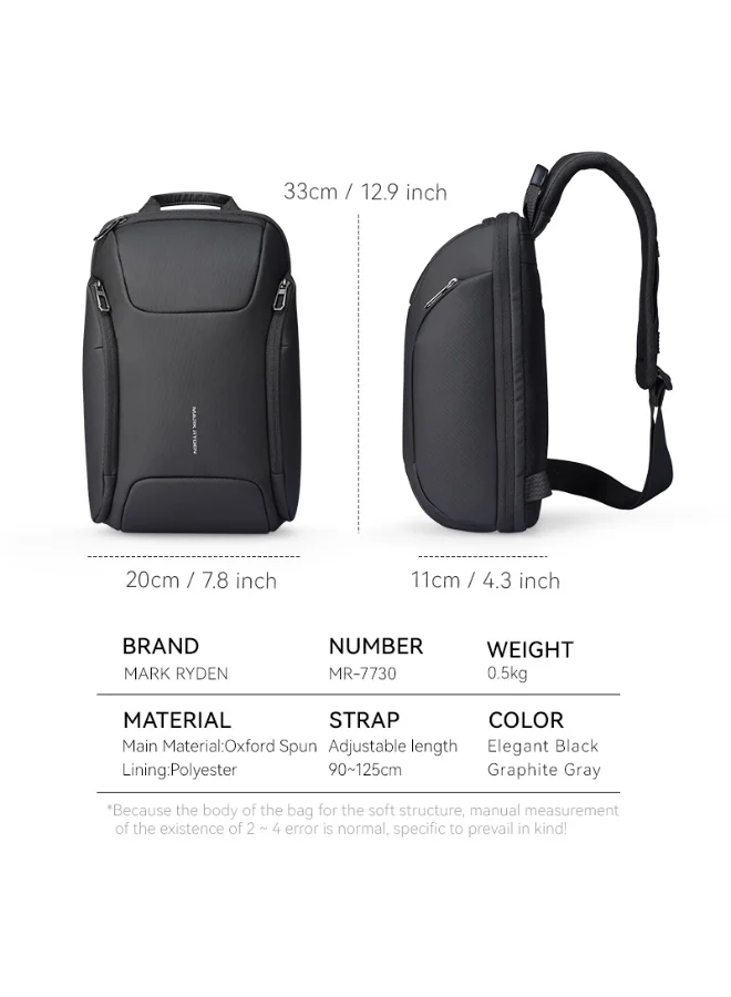MARK RYDEN Mark Ryden MR-7730 Grey Future Series Crossbody Sling Bag – iPad Compartment, Waterproof Oxford, Breathable Back Panel, Multi-Pocket Design, YKK Zippers, Retractable Key Fob
