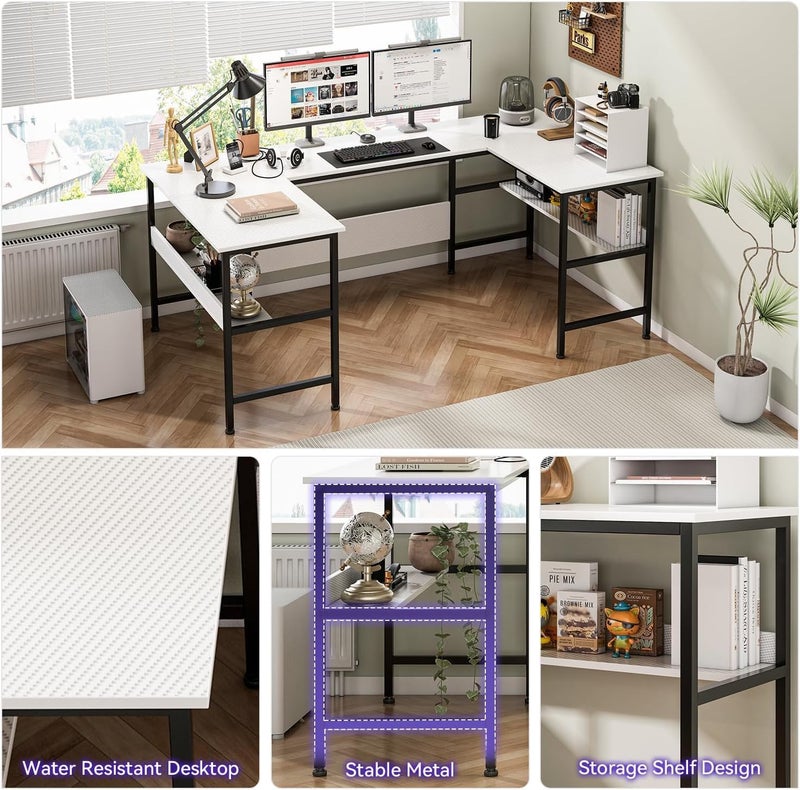 Gaming Desk 180cm with Storage, U Shaped Computer Desk for Home Office, Corner Shaped Workstation Table, 100x180x75cm (White) - Image 5