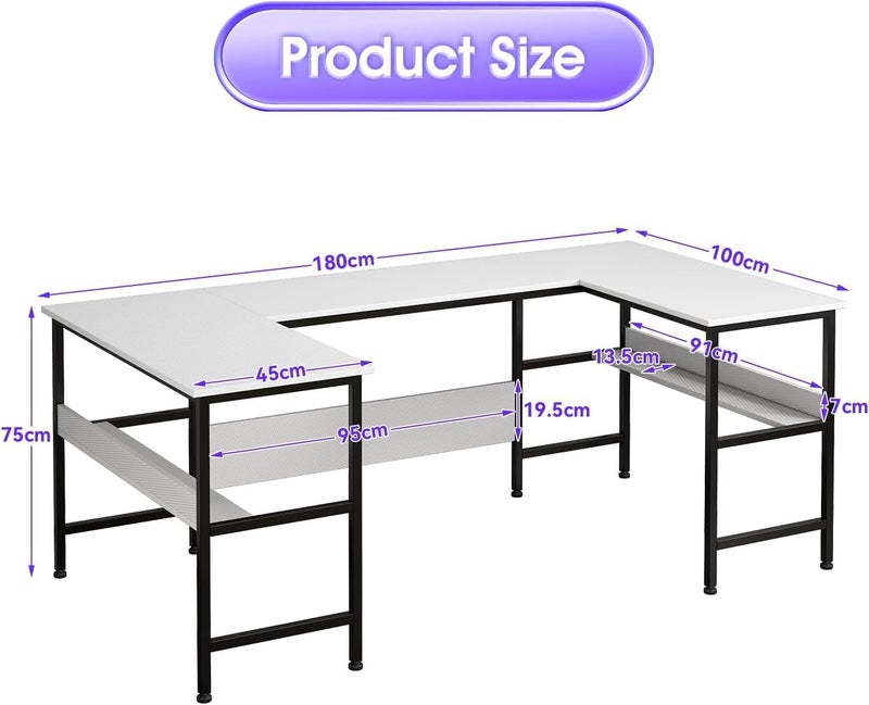 Gaming Desk 180cm with Storage, U Shaped Computer Desk for Home Office, Corner Shaped Workstation Table, 100x180x75cm (White) - Image 2