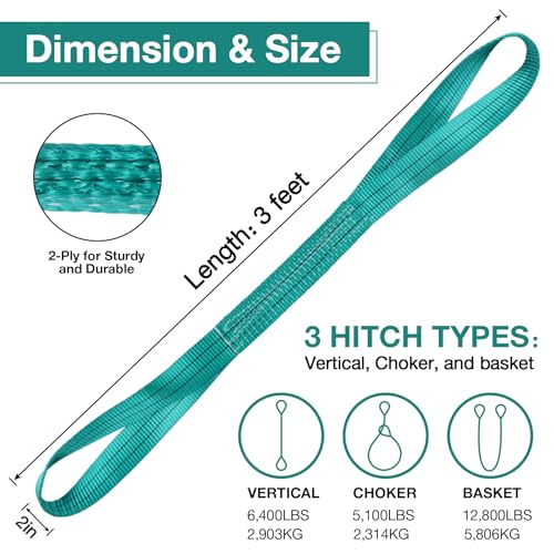 sumpluct Lift Sling Straps,2" x 3' 2-Ply Heavy Duty Flat Eye Lift Slings,Polyester Lifting Sling Strap Not Nylon Tree Saver Recovery Strap Web Sling Rigging Moving Tow Hoist Gear Straps 2 Pack - Image 2