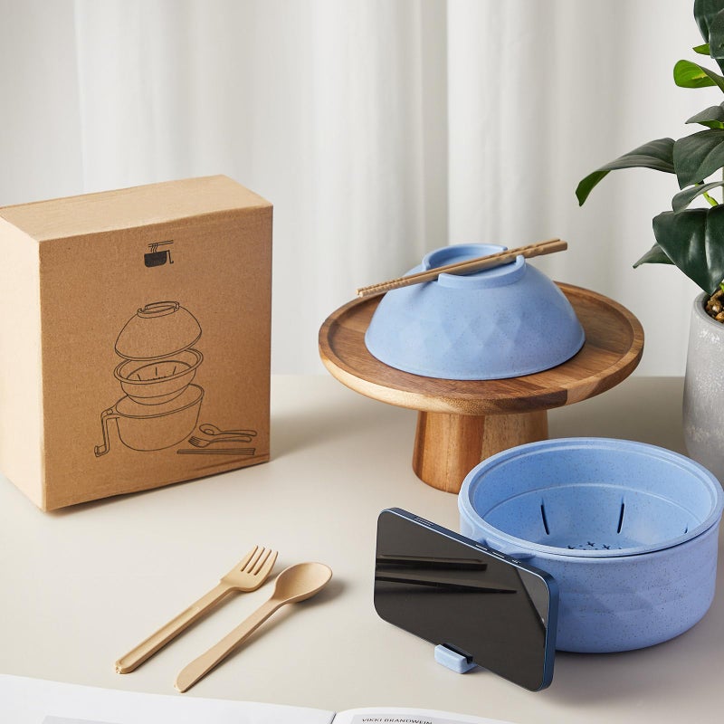 Romooa Romooa 1 Set Microwave Ramen Bowl Set 33 oz Wheat Straw Instant Ramen Cooker Set Portable Noodle Cooker with Handle Noodle Bowl with Spoon Chopsticks Fork College Dorm Room (Light Blue)  - Image 5