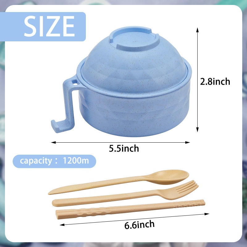 Romooa Romooa 1 Set Microwave Ramen Bowl Set 33 oz Wheat Straw Instant Ramen Cooker Set Portable Noodle Cooker with Handle Noodle Bowl with Spoon Chopsticks Fork College Dorm Room (Light Blue)  - Image 2