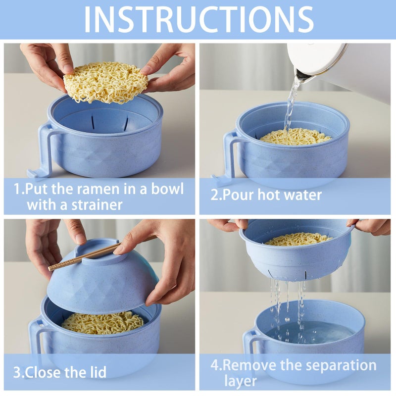 Romooa Romooa 1 Set Microwave Ramen Bowl Set 33 oz Wheat Straw Instant Ramen Cooker Set Portable Noodle Cooker with Handle Noodle Bowl with Spoon Chopsticks Fork College Dorm Room (Light Blue)  - Image 4