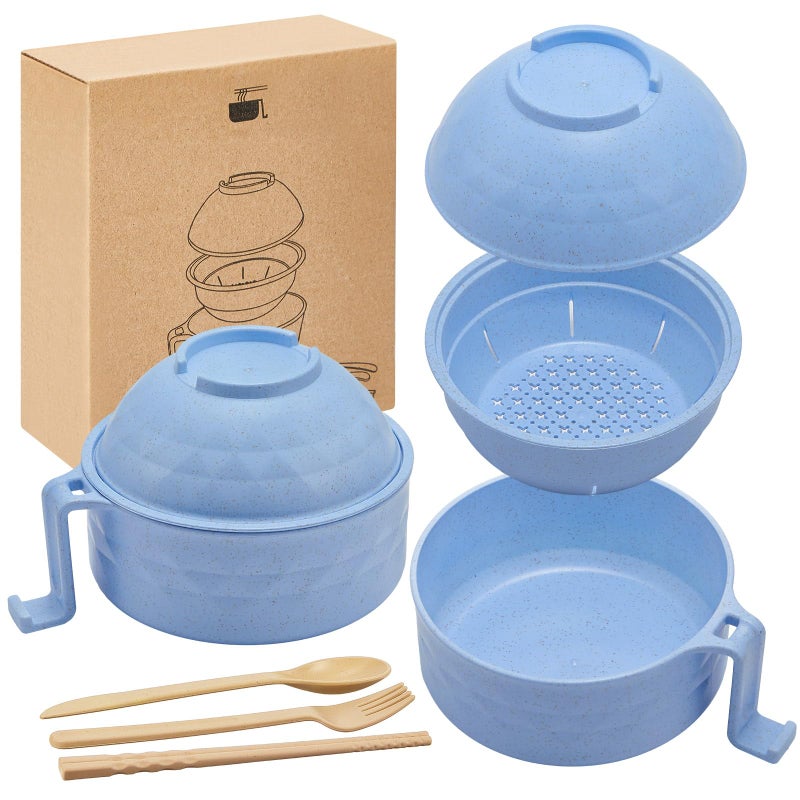 Romooa Romooa 1 Set Microwave Ramen Bowl Set 33 oz Wheat Straw Instant Ramen Cooker Set Portable Noodle Cooker with Handle Noodle Bowl with Spoon Chopsticks Fork College Dorm Room (Light Blue)  - Image 1