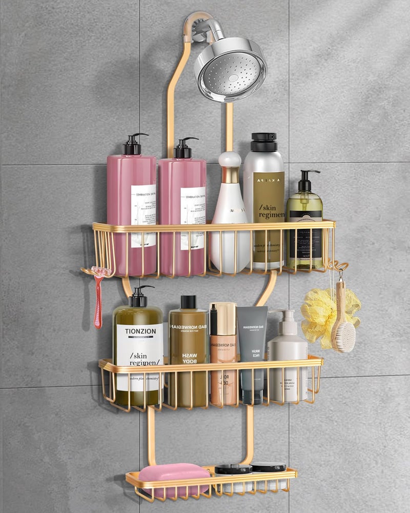MSAICOE Shower Caddy Hanging  Never Rust Shower Hanging Organizer  Aluminum Over the ShowerHead Caddy with Soap Basket and 6 RazorSponge Hooks Gold