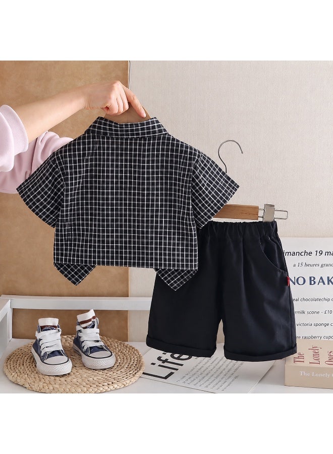 Smarties AE Boys Formal Plaid Shirt & Shorts Set with Bow Tie – Short Sleeve Checked Button-Down Top and Elastic Waist Shorts Outfit for Toddlers Boys 2-3 Years, Casual Party Wear - Image 3