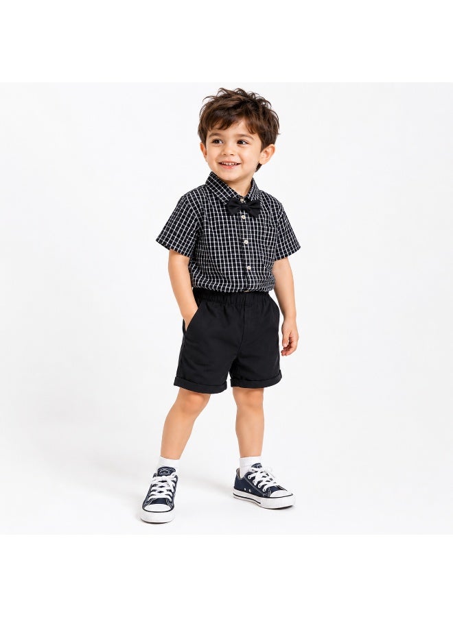 Smarties AE Boys Formal Plaid Shirt & Shorts Set with Bow Tie – Short Sleeve Checked Button-Down Top and Elastic Waist Shorts Outfit for Toddlers Boys 2-3 Years, Casual Party Wear - Image 4