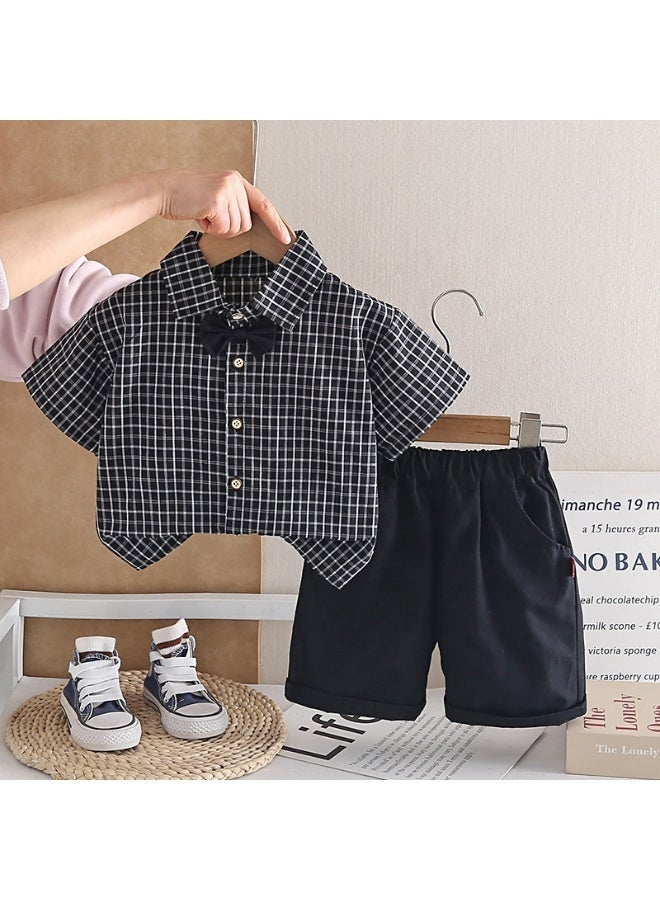 Smarties AE Boys Formal Plaid Shirt & Shorts Set with Bow Tie – Short Sleeve Checked Button-Down Top and Elastic Waist Shorts Outfit for Toddlers Boys 2-3 Years, Casual Party Wear - Image 2