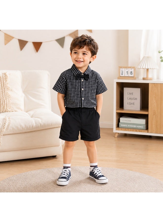 Smarties AE Boys Formal Plaid Shirt & Shorts Set with Bow Tie – Short Sleeve Checked Button-Down Top and Elastic Waist Shorts Outfit for Toddlers Boys 2-3 Years, Casual Party Wear - Image 1