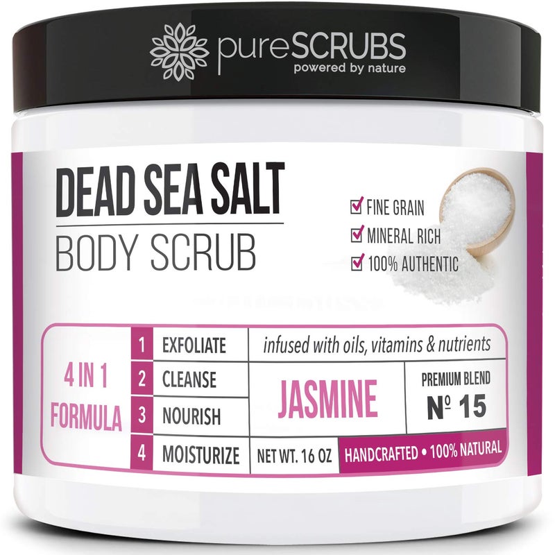 pureSCRUBS Premium Jasmine Body Scrub Set - Large 16oz Dead Sea Salt Body Scrub With Infused Essential Oils & Nutrients Includes Wooden Spoon, Loofah & Oatmeal Exfoliating Bar Soap - Image 1