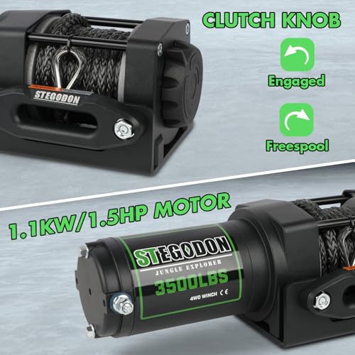 STEGODON 3500 lb Winch ATV UTV Electric Winch,12V Waterproof Winch Synthetic Rope Trailer Electric Winch with Wired Remote and Wireless Remote for ATV UTV Towing,Boat,Off-Road - Image 3