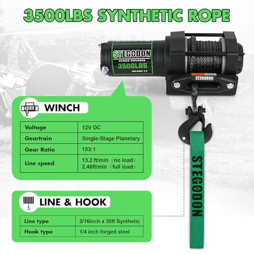 STEGODON 3500 lb Winch ATV UTV Electric Winch,12V Waterproof Winch Synthetic Rope Trailer Electric Winch with Wired Remote and Wireless Remote for ATV UTV Towing,Boat,Off-Road - Image 5
