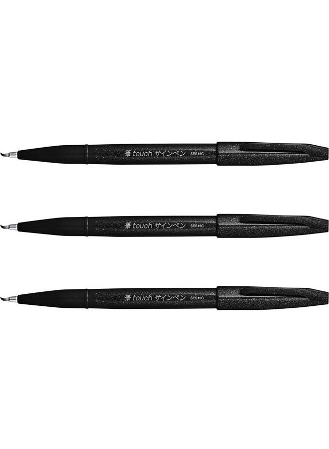 Pentel Fude Touch Sign Pen Black Felt Pen Like Brush Stroke (SES15C-A) 3 Set - Image 1