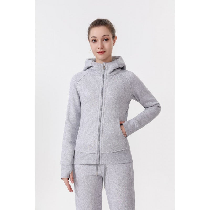 Women's Slim Fit Hooded Zip-Up Fleece Jacket with Embroidered Detail for Yoga and Casual Wear - Image 1