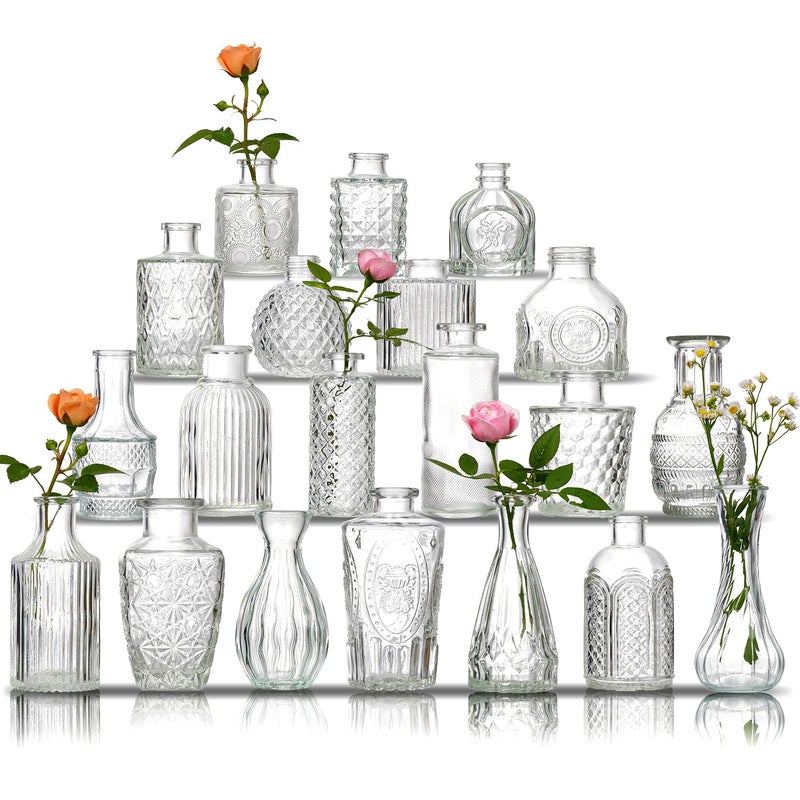 Glass Bud Vase Set of 20  Small Vases for Flowers in Bulk  Assorted Vintage Crystal Vases for Flowers Table Centerpieces Clear 20 Pcs
