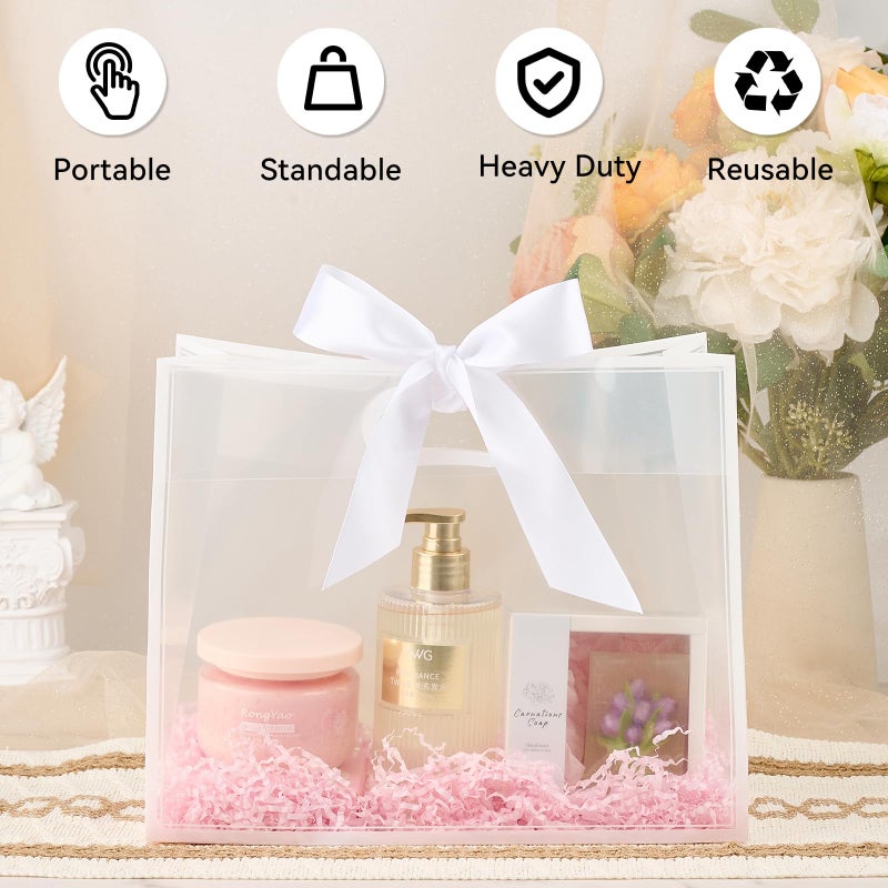 Ohuimrt 12 Pack Clear Plastic Gift Bags with Handles, Reusable Party Favor Bags with Ribbon for Wedding, Bachelorette Party, 12 x 10 x 5 Inch (White) - Image 4