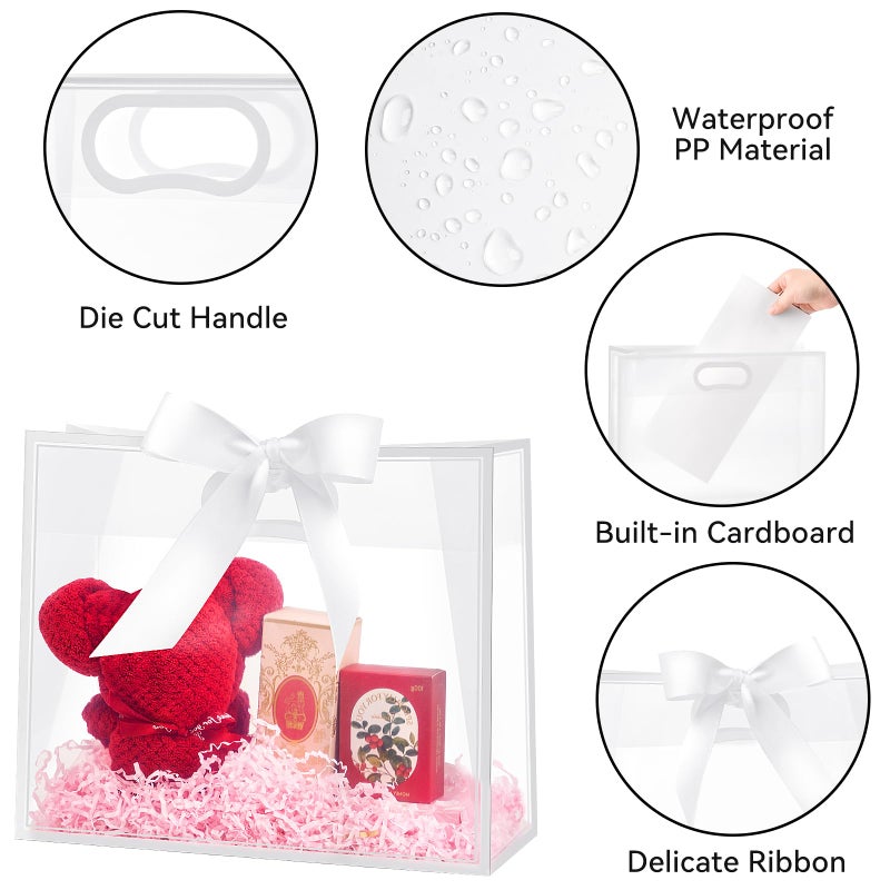 Ohuimrt 12 Pack Clear Plastic Gift Bags with Handles, Reusable Party Favor Bags with Ribbon for Wedding, Bachelorette Party, 12 x 10 x 5 Inch (White) - Image 3