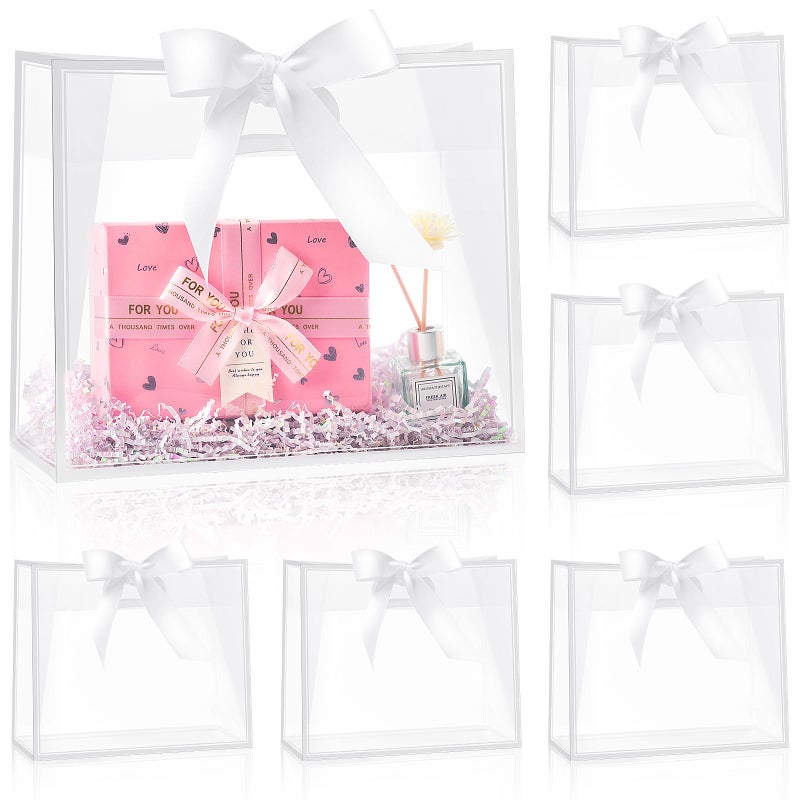 Ohuimrt 12 Pack Clear Plastic Gift Bags with Handles, Reusable Party Favor Bags with Ribbon for Wedding, Bachelorette Party, 12 x 10 x 5 Inch (White) - Image 1