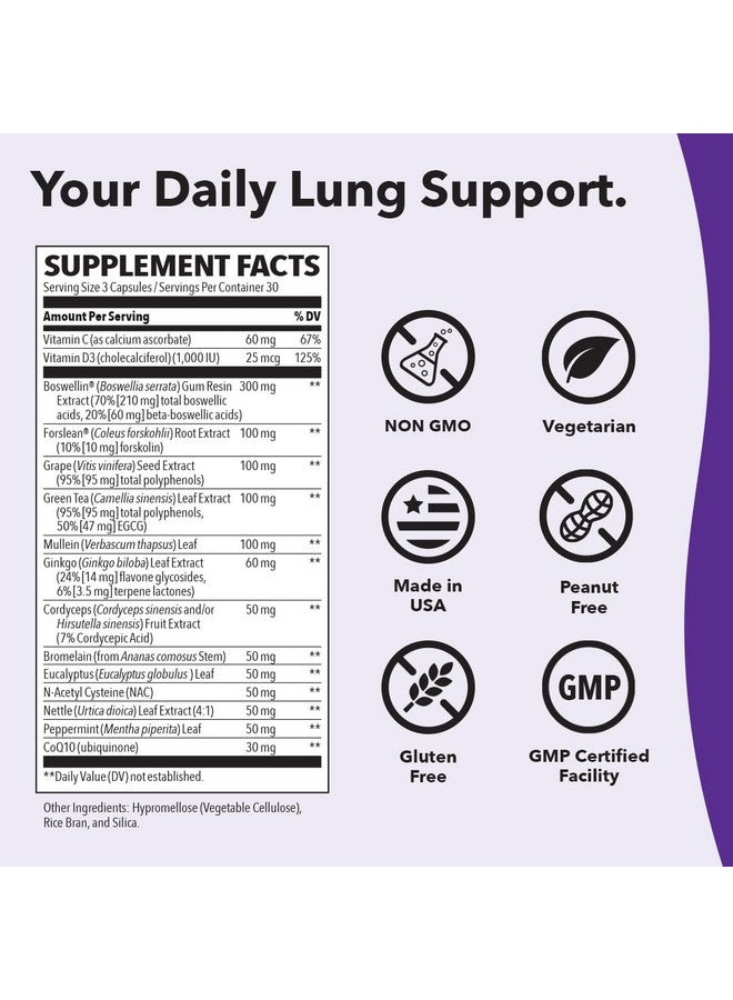 لايف سيزنز Lung Capaci-T - مكمل لدعم الجهاز التنفسي - CoQ10، N-Acetyl Cysteine، Boswellia، Eucalyptus، Mullein، Green Tea، Nettle & Peppermint - يزيد من سعة الأكسجين ويقلل من المخاط - 90 كبسولة - Image 3