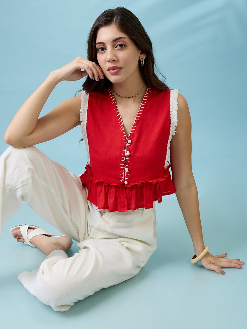 globus Globus Women Red V-Neck Thread Work Detail & Lace Inserts Pleated Crop Top - Image 1