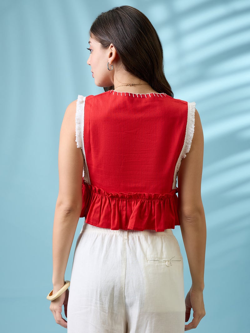 globus Globus Women Red V-Neck Thread Work Detail & Lace Inserts Pleated Crop Top - Image 3