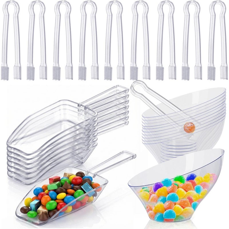 R-kay 36 Pcs Candy Bowls And Plastic Scoops Set - 18 Clear Small Plastic Bowls 6 Oz, 9 Plastic Scoops And 9 Small Tongs Buffet Containers Set Heavy Duty - Image 1
