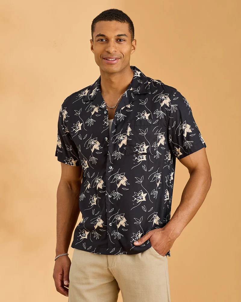 Redtag Men Black Printed Eco Liva Viscose Shirt