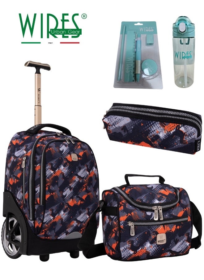Wires 3 Piece Kids School Trolley Bag laptop compartment Big Wheels With Lunch bag & Pencil Case  - Image 1