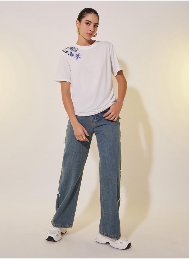 Take Two Round Neck Floral Embroidered Detail T-shirt  - Image 2