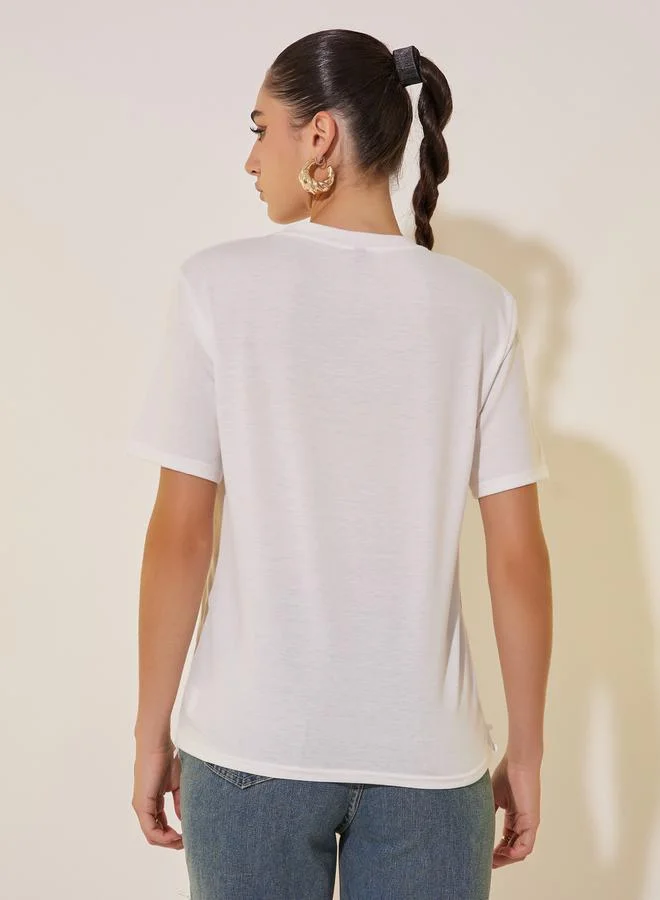 Take Two Round Neck Floral Embroidered Detail T-shirt