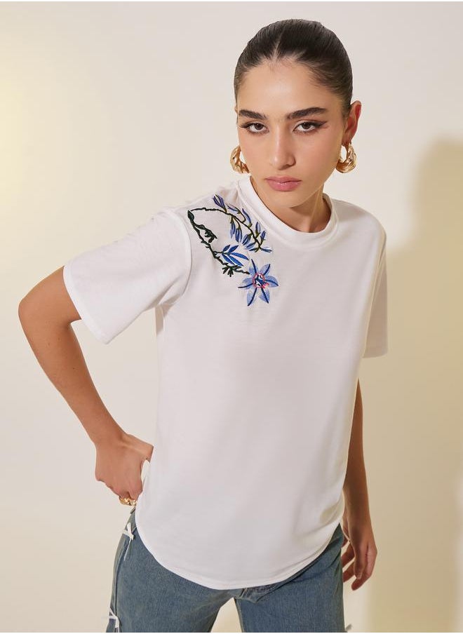 Take Two Round Neck Floral Embroidered Detail T-shirt  - Image 1