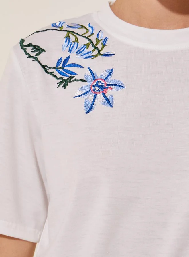 Take Two Round Neck Floral Embroidered Detail T-shirt